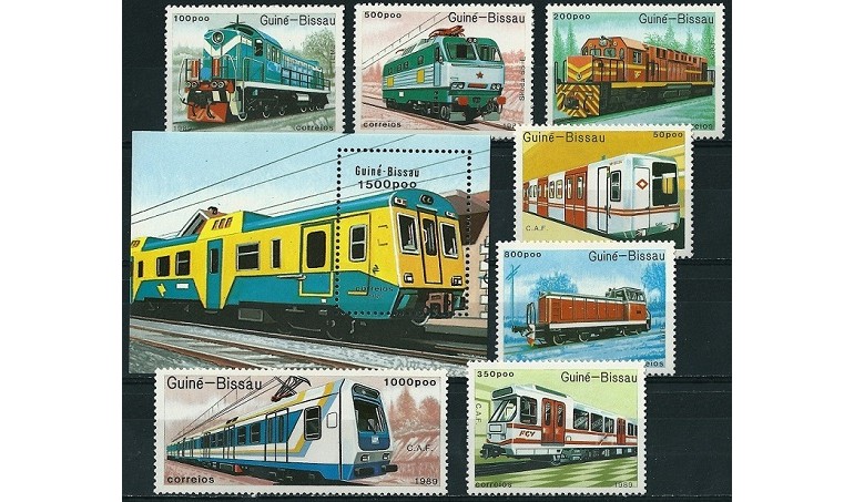 GUINEA BISSAU 1989 - TRENURI, LOCOMOTIVE - SERIE DE 7 TIMBRE+BLOC NESTAMPILAT - MNH / trenuri124 